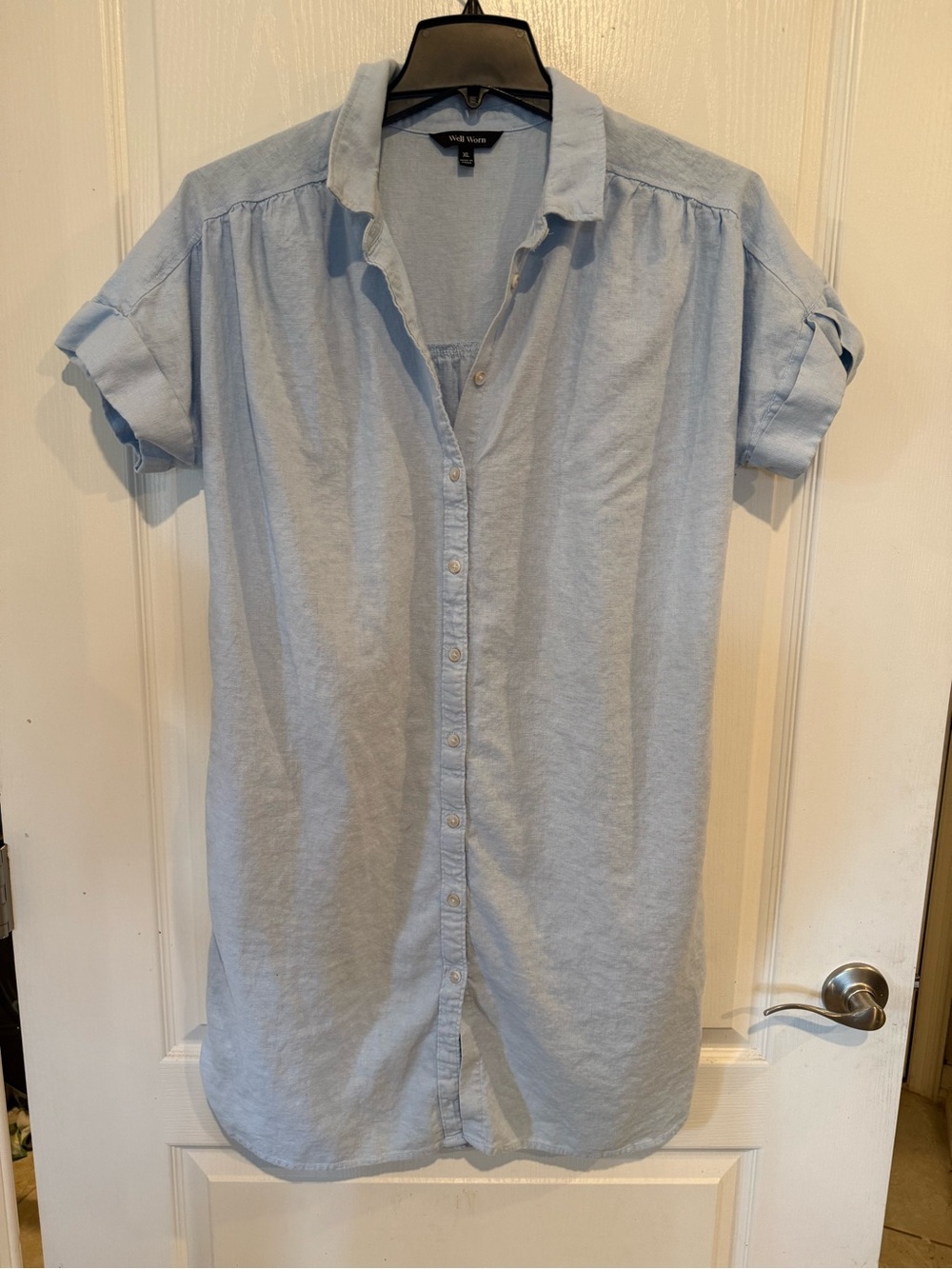 Well Worn Women’s light blue Short Sleeve linen blend Shirt Dress sz XL beachy